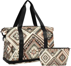 Brown Bohemian Pattern Versatile Sports Travel Bag - Lasting Twill Tote, Removable Wheel & Rod Bagging, Multi-pocket Design, Complimentary Makeup Bag