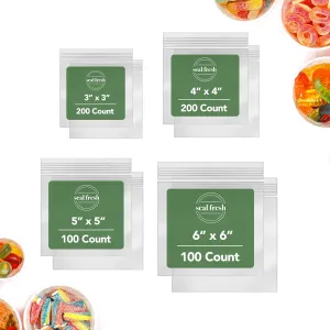 Bundle Square Snack Bags – 4 Sizes (600 Count) – 3" x 3" (200), 4" x 4" (200), 5" x 5" (100), 6" x 6" (100) – 3x3 Plastic Bags, 4x4 Bags, 5x5 Baggies, 6x6 Sandwich Bags