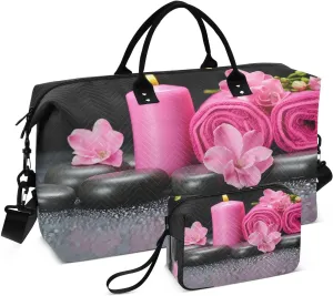 Candle Towel Flowers Pink Travel Duffel Bag with Toiletry Bag Weekender Bag for Carry on Sports Gym Bag for Weekend Travel Sports