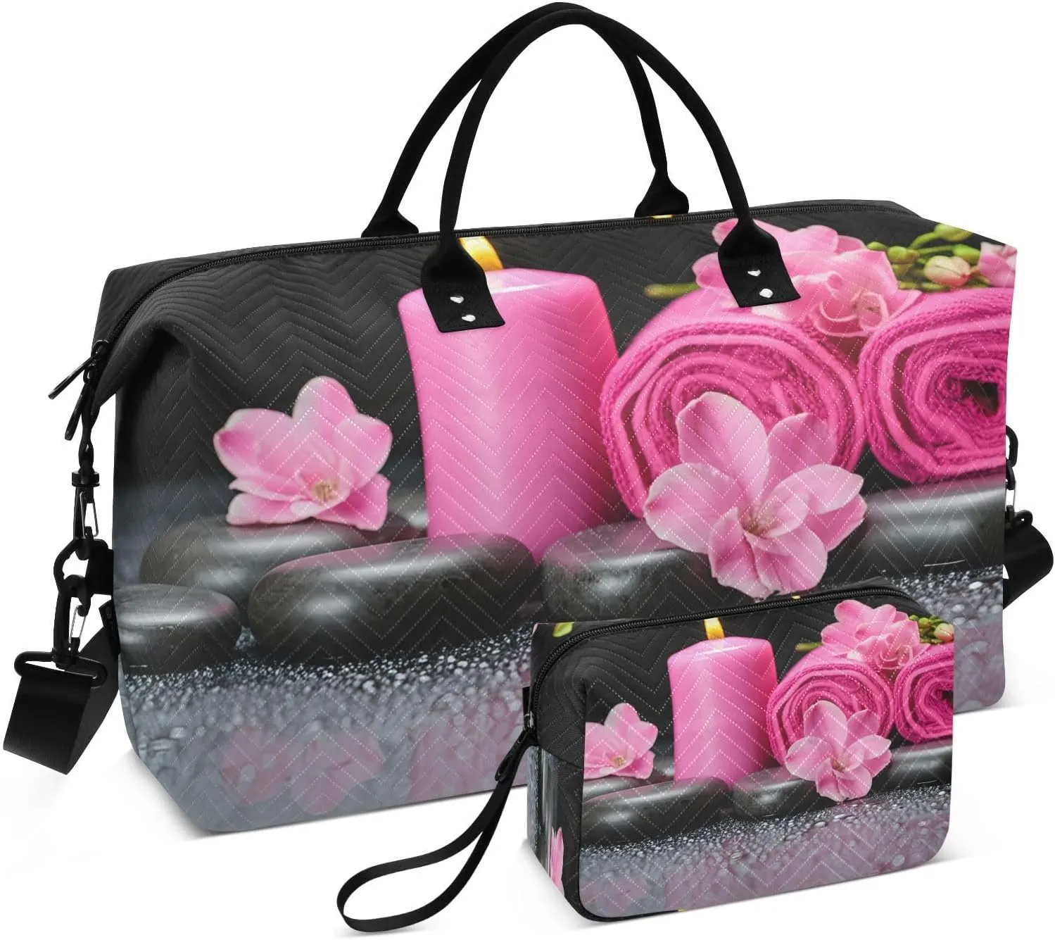 Candle Towel Flowers Pink Travel Duffel Bag with Toiletry Bag Weekender Bag for Carry on Sports Gym Bag for Weekend Travel Sports