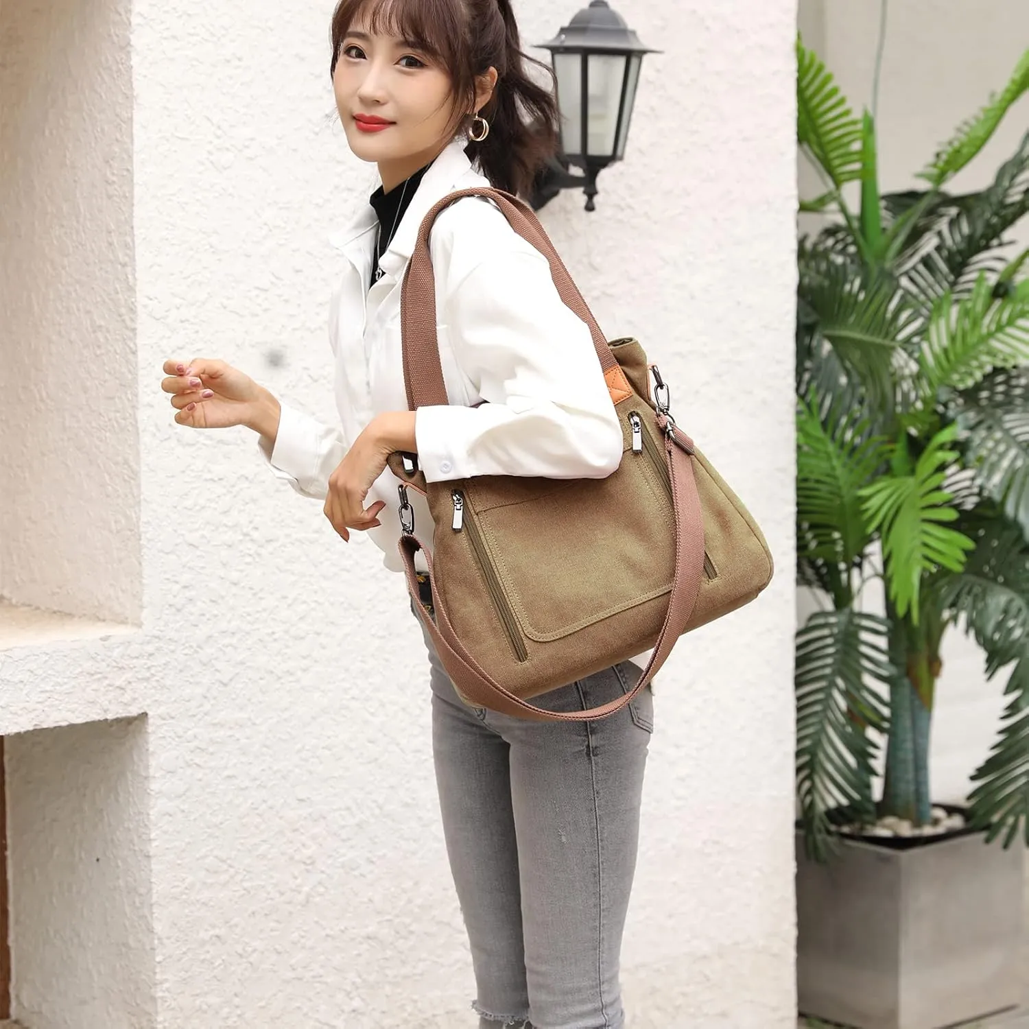 Canvas Crossbody Bags for Women Trendy Tote Purses Work Shoulder Multi-pocket Handbags