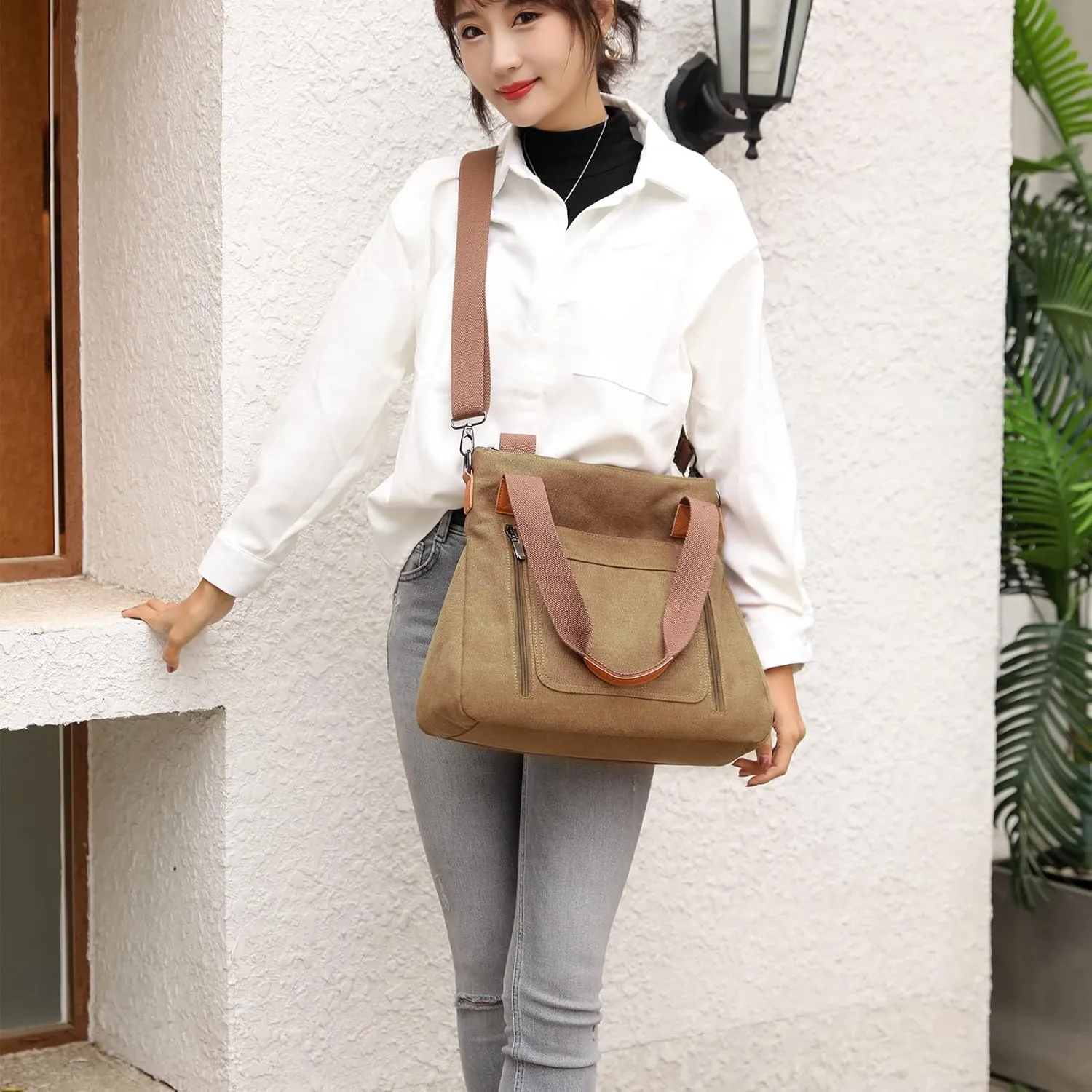Canvas Crossbody Bags for Women Trendy Tote Purses Work Shoulder Multi-pocket Handbags
