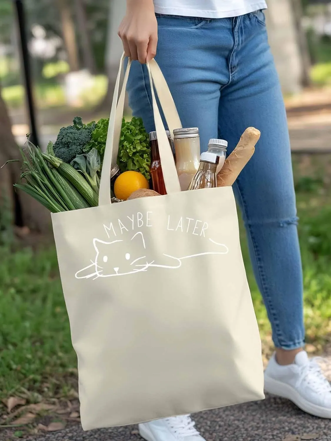 Canvas Tote Bag Cute Cat Cartoon Animal Reusable Grocery Shopping Bags with Handle, Sketch Art Large Canvas
