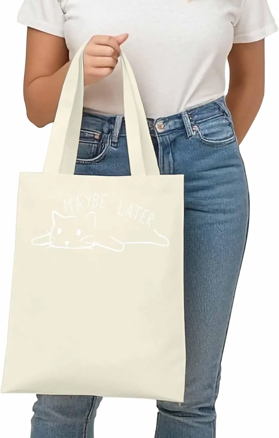 Canvas Tote Bag Cute Cat Cartoon Animal Reusable Grocery Shopping Bags with Handle, Sketch Art Large Canvas