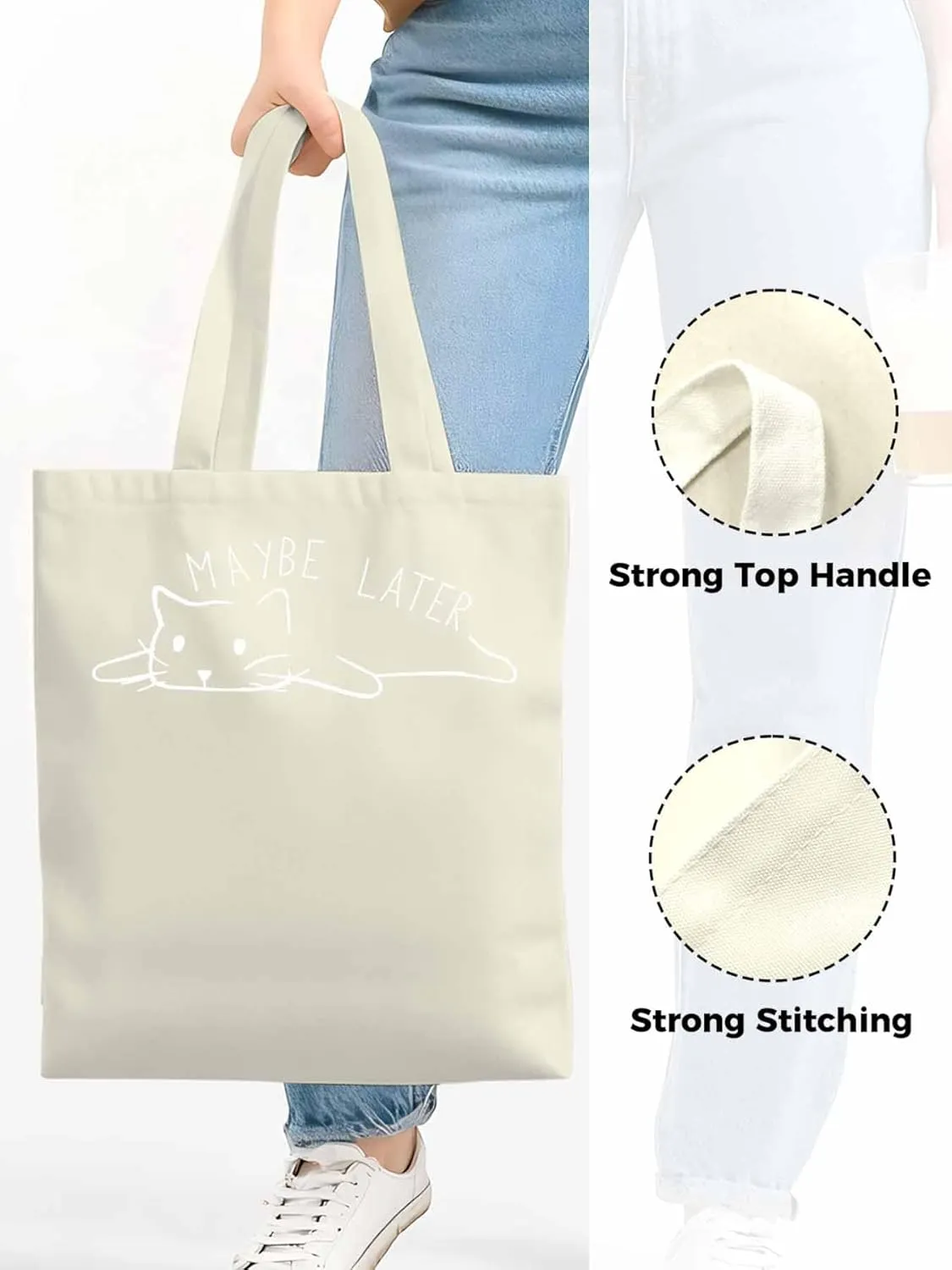 Canvas Tote Bag Cute Cat Cartoon Animal Reusable Grocery Shopping Bags with Handle, Sketch Art Large Canvas