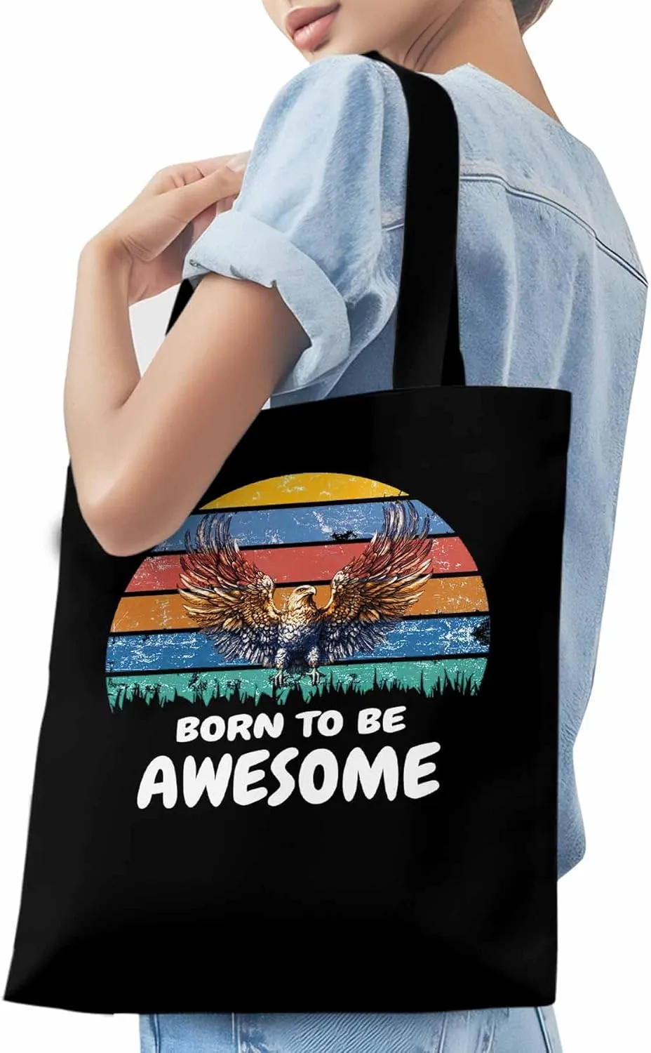 Canvas Tote Bag Eagle Awesome Quote Reusable Grocery Shopping Bags with Handle, Colorful Stripe Large Canvas