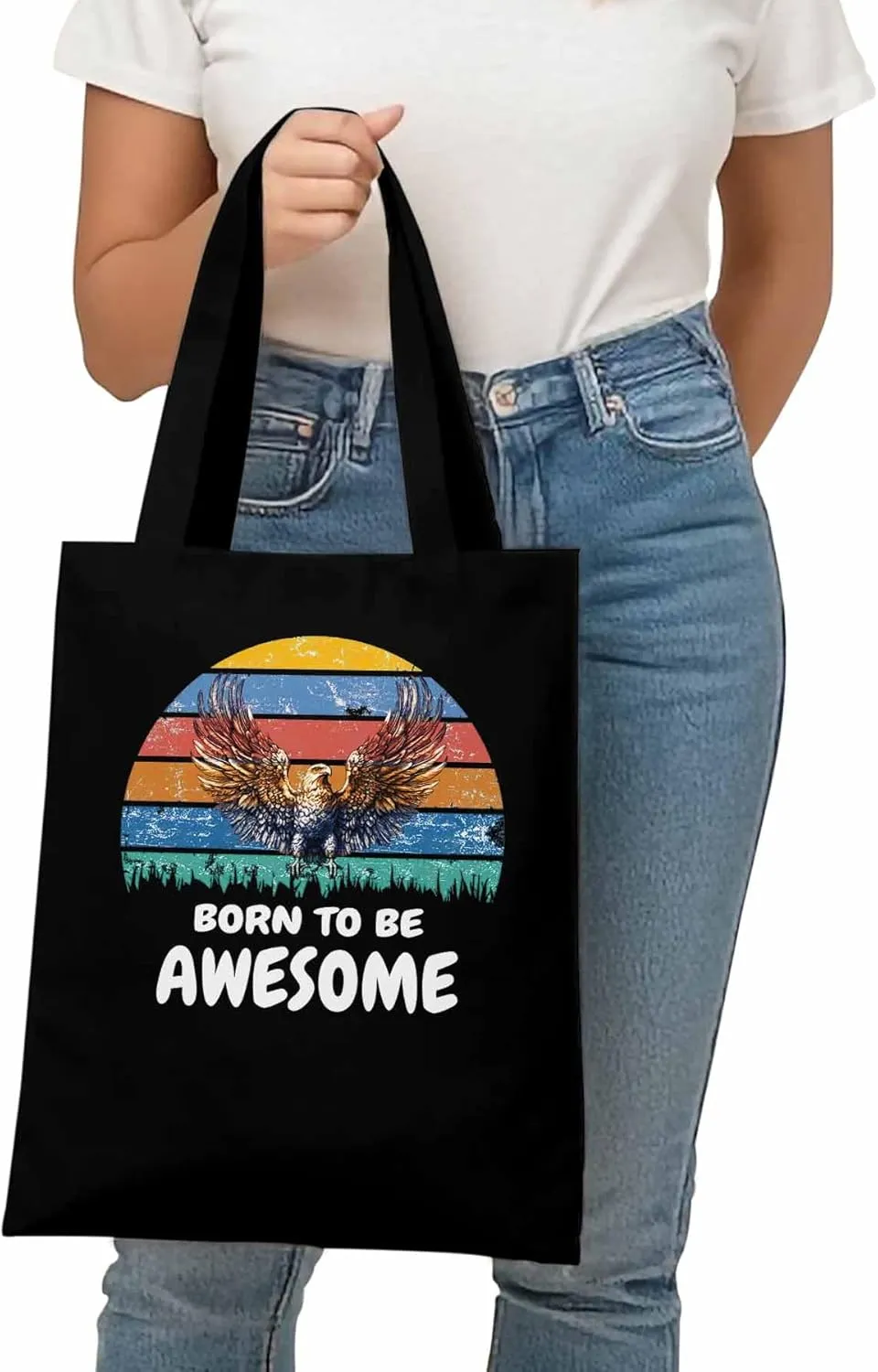 Canvas Tote Bag Eagle Awesome Quote Reusable Grocery Shopping Bags with Handle, Colorful Stripe Large Canvas
