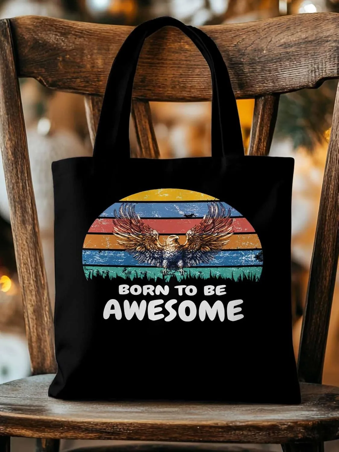 Canvas Tote Bag Eagle Awesome Quote Reusable Grocery Shopping Bags with Handle, Colorful Stripe Large Canvas