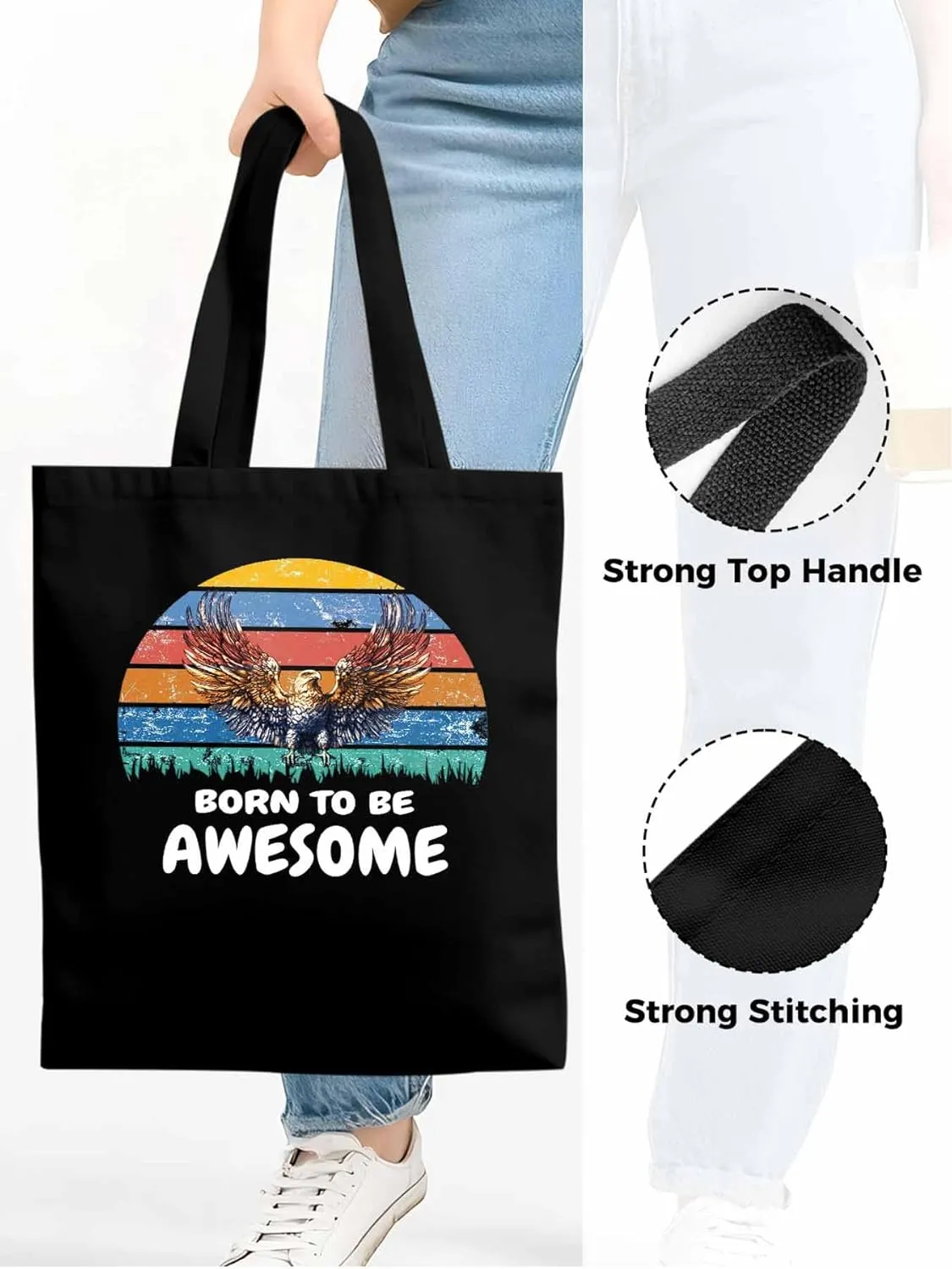 Canvas Tote Bag Eagle Awesome Quote Reusable Grocery Shopping Bags with Handle, Colorful Stripe Large Canvas