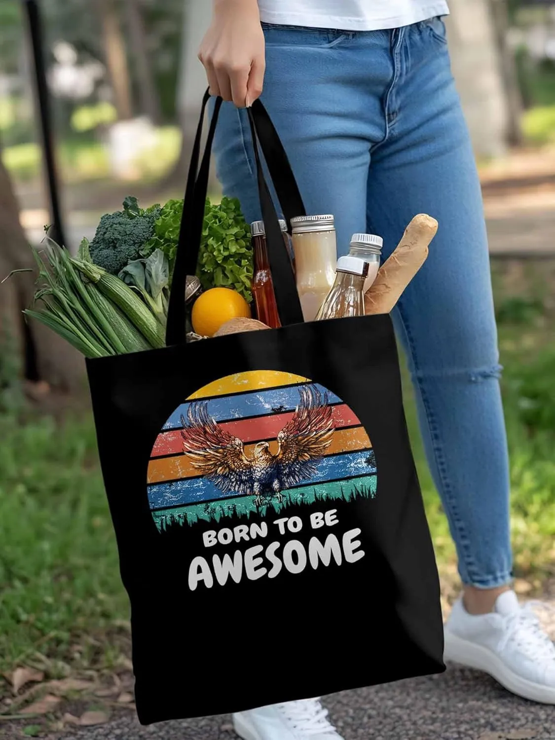 Canvas Tote Bag Eagle Awesome Quote Reusable Grocery Shopping Bags with Handle, Colorful Stripe Large Canvas
