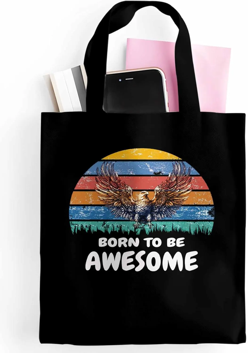 Canvas Tote Bag Eagle Awesome Quote Reusable Grocery Shopping Bags with Handle, Colorful Stripe Large Canvas