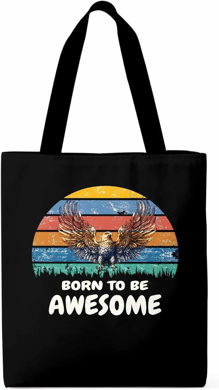 Canvas Tote Bag Eagle Awesome Quote Reusable Grocery Shopping Bags with Handle, Colorful Stripe Large Canvas