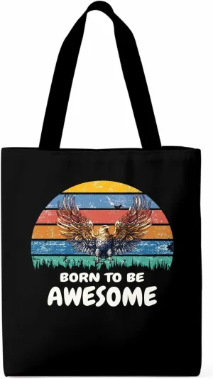 Canvas Tote Bag Eagle Awesome Quote Reusable Grocery Shopping Bags with Handle, Colorful Stripe Large Canvas