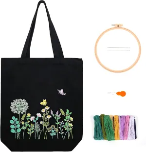 Canvas Tote Bag Embroidery Kit, Embroidery Kit for Beginners Adults, Embroidery Starter kit with Flower Pattern, Canvas Bag Cross Stitch Kits, Cross Stitch Kit with Hoops, Color Threads and Tool