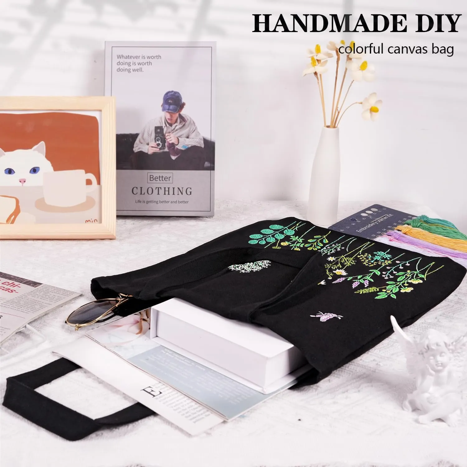 Canvas Tote Bag Embroidery Kit, Embroidery Kit for Beginners Adults, Embroidery Starter kit with Flower Pattern, Canvas Bag Cross Stitch Kits, Cross Stitch Kit with Hoops, Color Threads and Tool