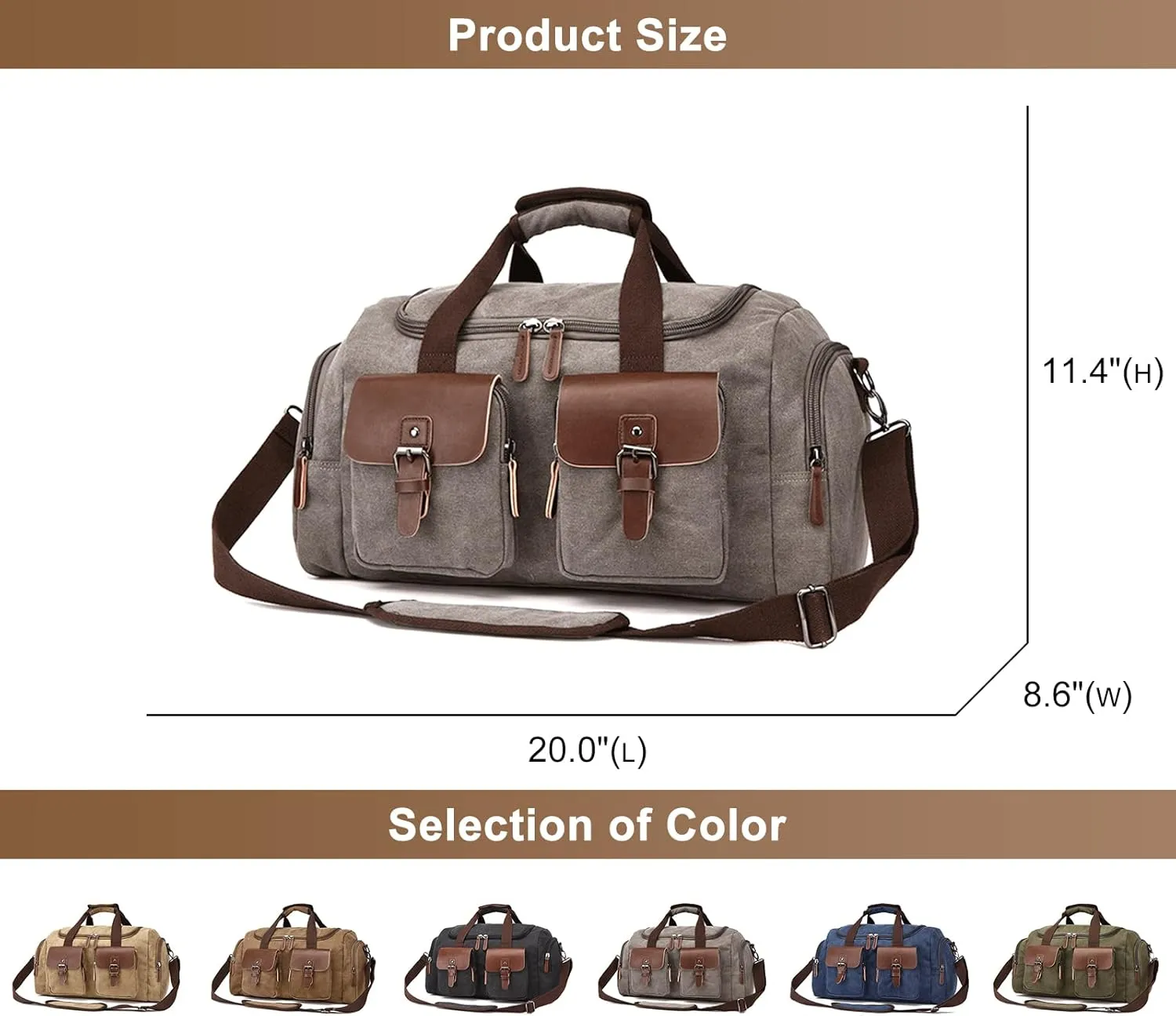 Canvas Weekend Bag for Men, Vintage Travel Duffle Bags Large Capacity Crossbody Shoulder Bag for Camping Hiking (Grey)