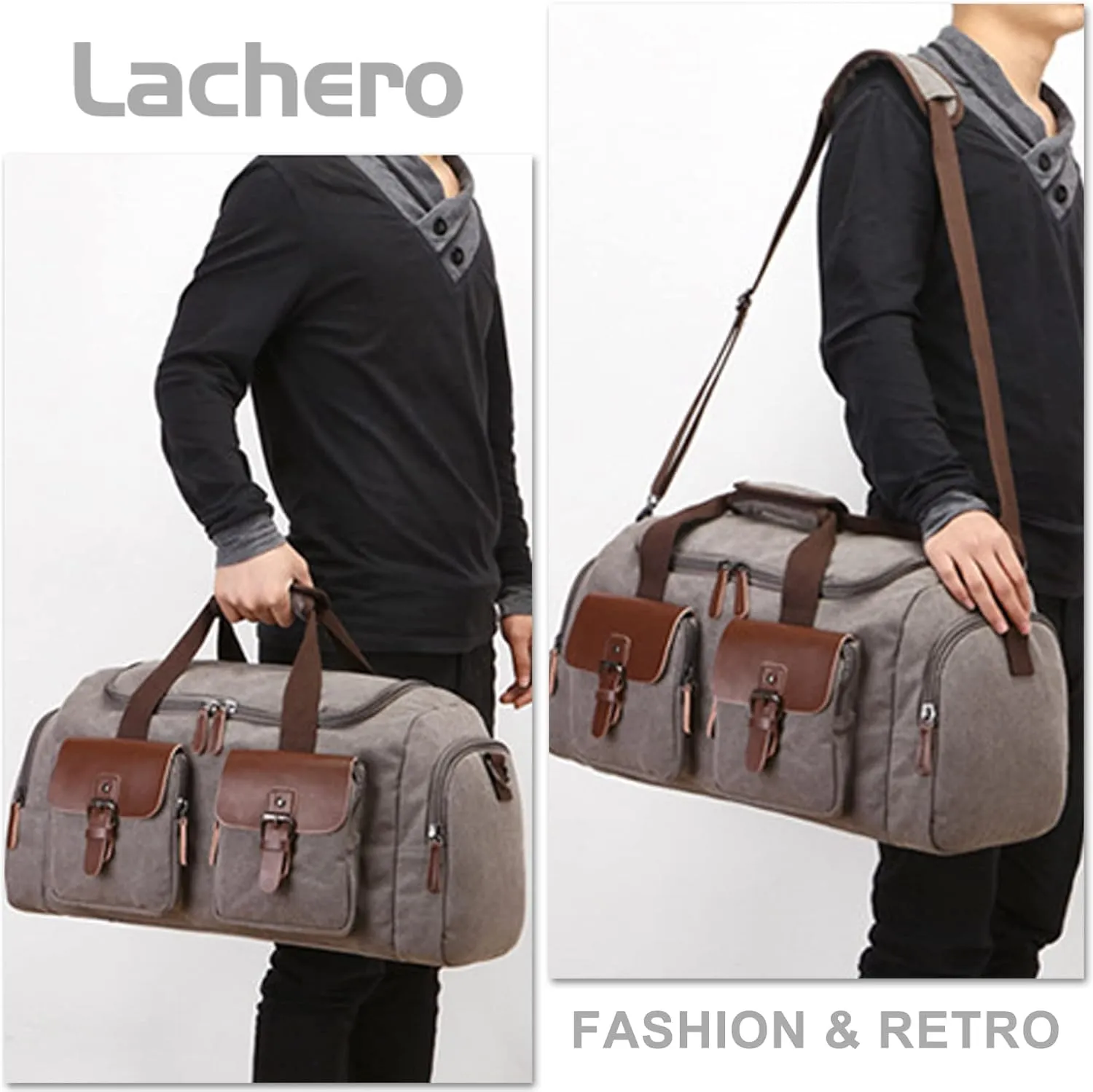 Canvas Weekend Bag for Men, Vintage Travel Duffle Bags Large Capacity Crossbody Shoulder Bag for Camping Hiking (Grey)