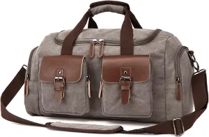 Canvas Weekend Bag for Men, Vintage Travel Duffle Bags Large Capacity Crossbody Shoulder Bag for Camping Hiking (Grey)