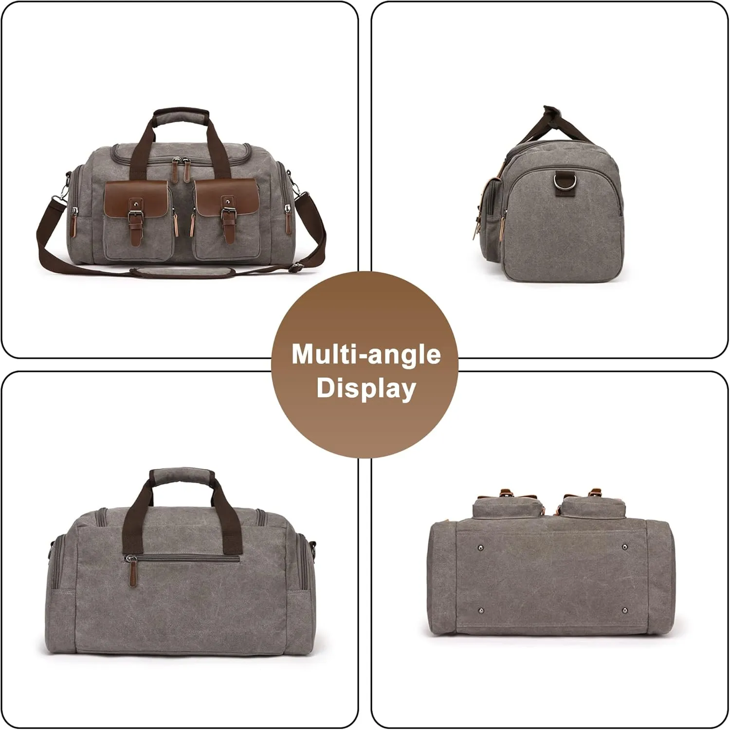 Canvas Weekend Bag for Men, Vintage Travel Duffle Bags Large Capacity Crossbody Shoulder Bag for Camping Hiking (Grey)