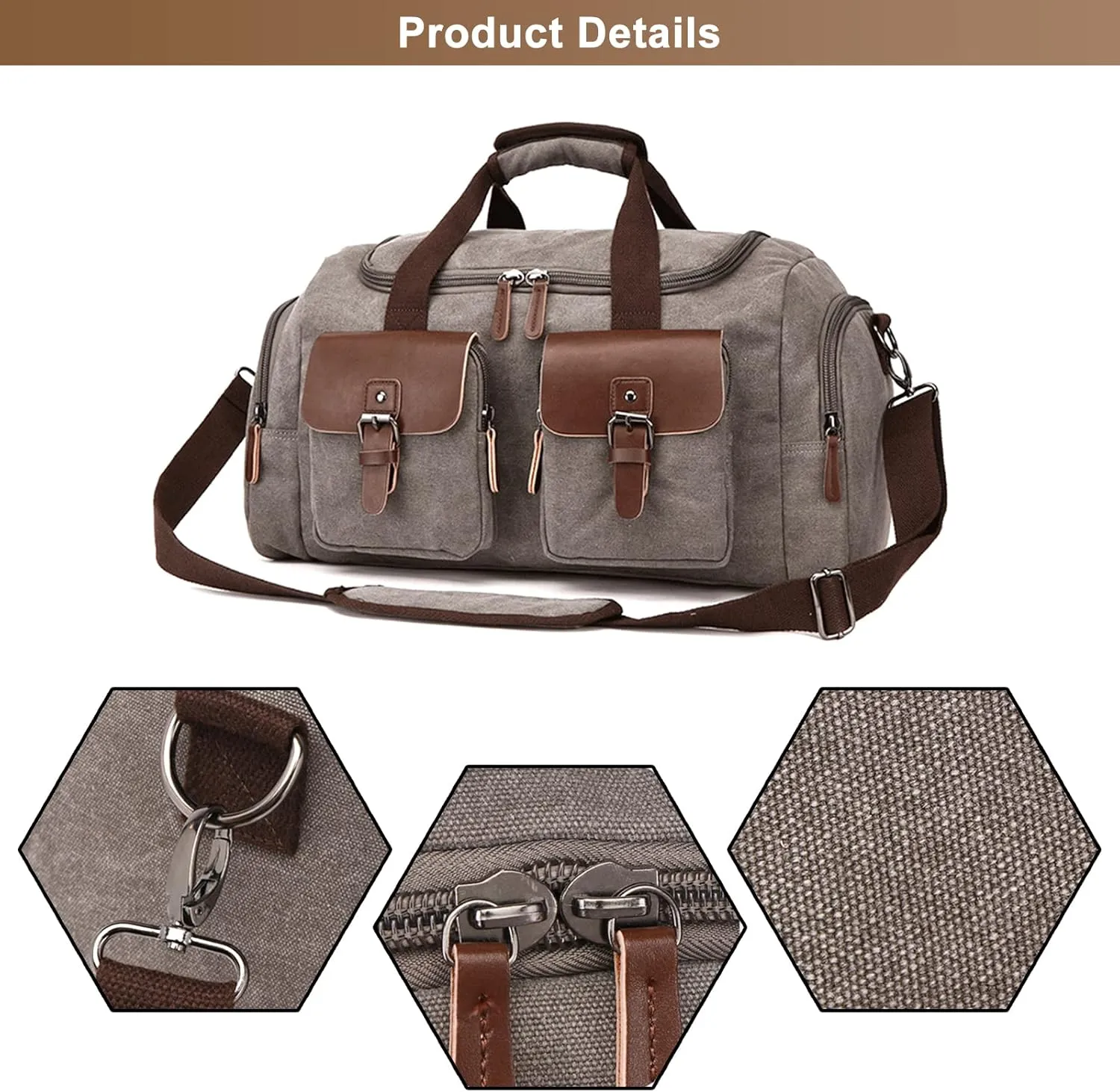 Canvas Weekend Bag for Men, Vintage Travel Duffle Bags Large Capacity Crossbody Shoulder Bag for Camping Hiking (Grey)