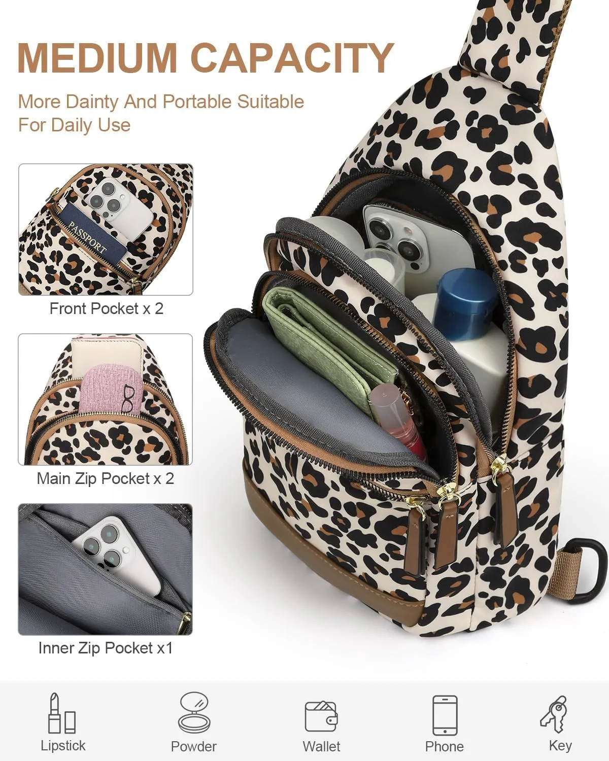 Capolo Sling Bag for Women Men Waterproof Crossbody Bags for Women Trendy Casual Fanny Pack with Convertible Shoulder Strap Chest Bag for Travel Hiking(Leopard, Medium)