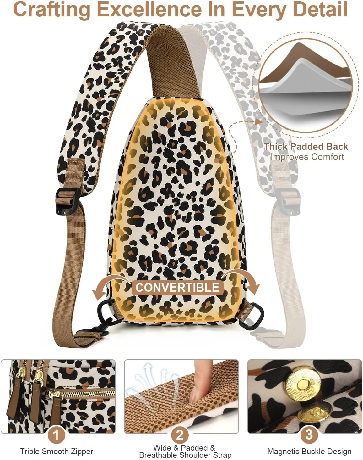 Capolo Sling Bag for Women Men Waterproof Crossbody Bags for Women Trendy Casual Fanny Pack with Convertible Shoulder Strap Chest Bag for Travel Hiking(Leopard, Medium)