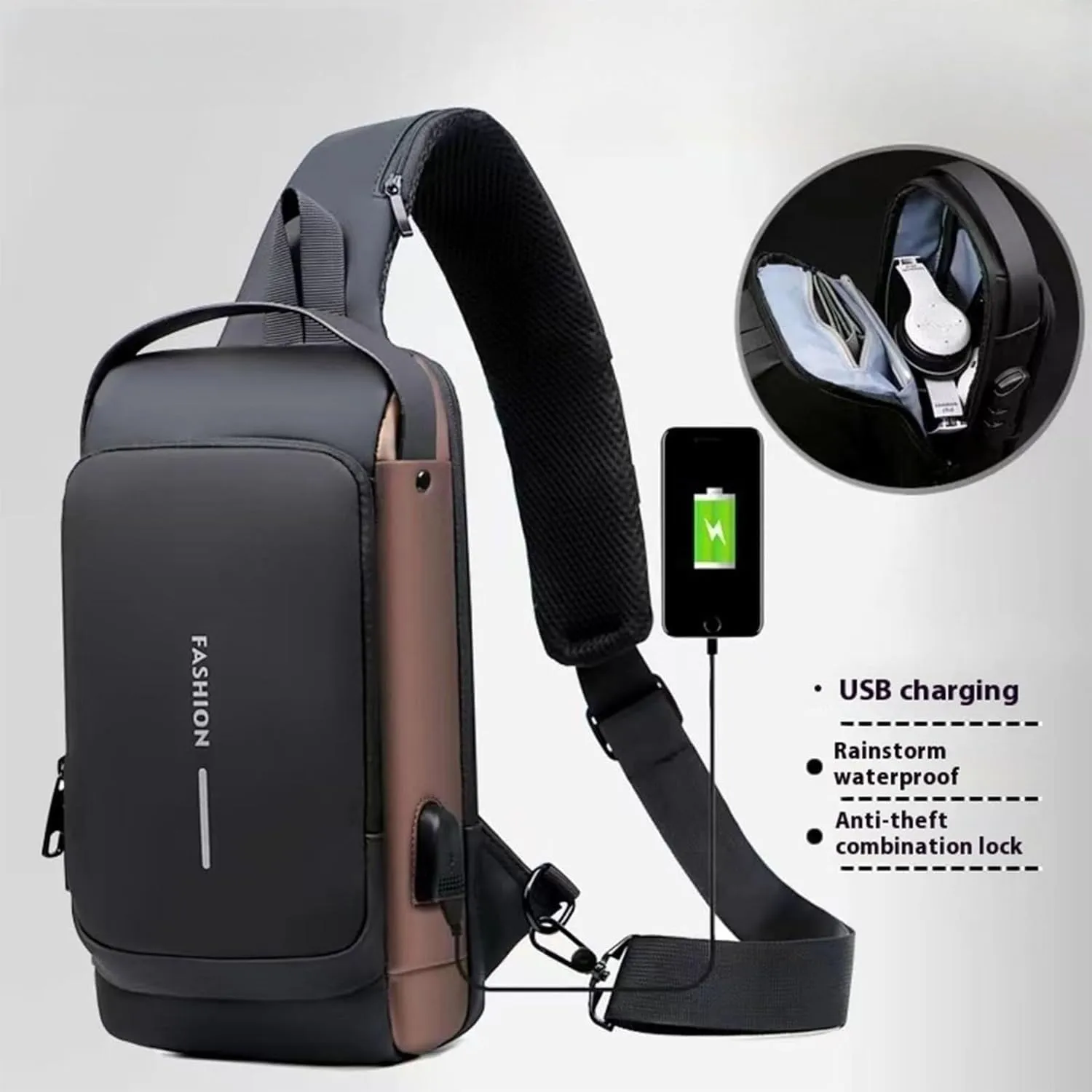 Carbon Fiber Streamline Anti-Theft Sling Bag with USB Charging Port, Waterproof Crossbody Backpack for Travel, Gym (Black)