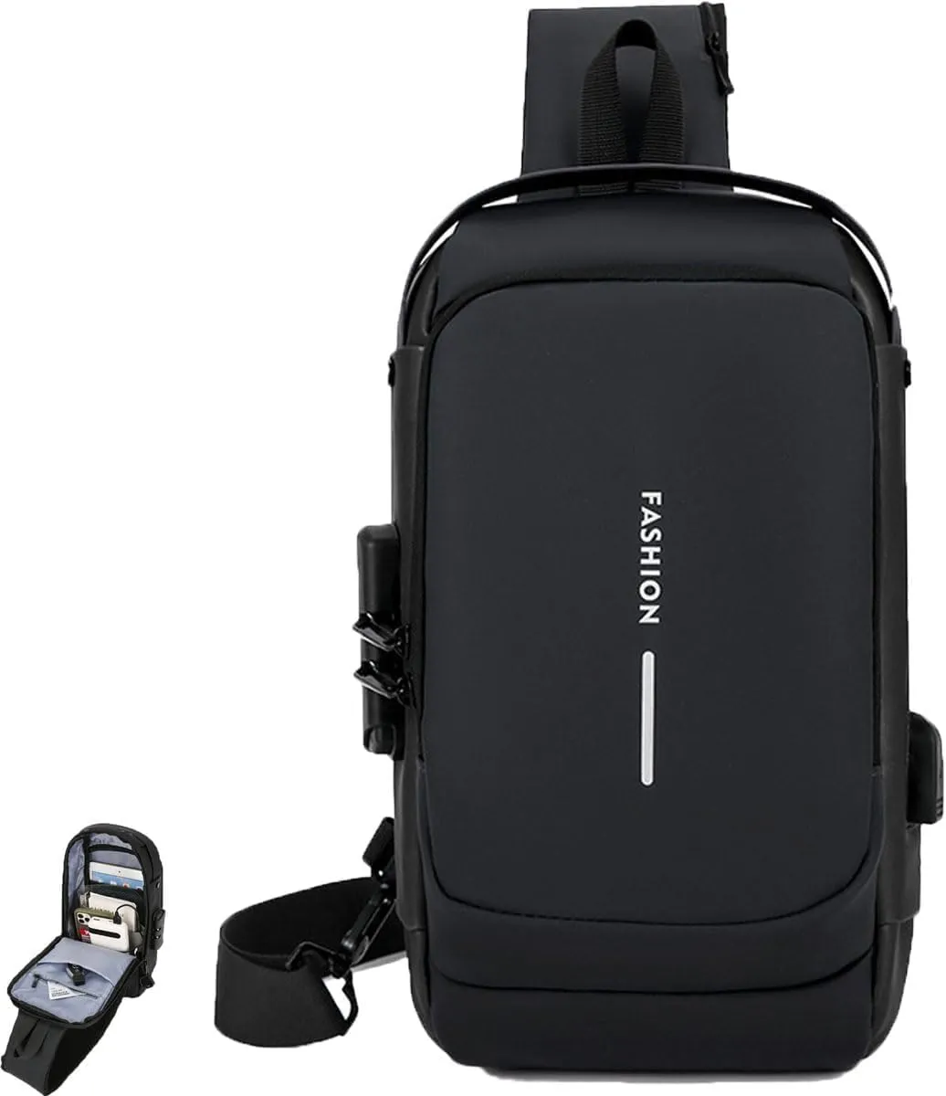 Carbon Fiber Streamline Anti-Theft Sling Bag with USB Charging Port, Waterproof Crossbody Backpack for Travel, Gym (Black)