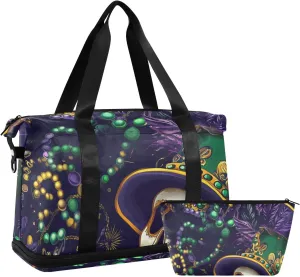 Carnival Green Purple Skull Travel Duffel Bags Travel Overnight Carry on Bag with Toiletry Bag for Travel Multifunctional