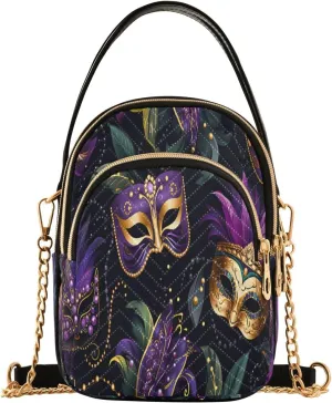 Carnival Masks and Beads Small Crossbody Bag Functional Multi Pocket Bag Shoulder Handbag