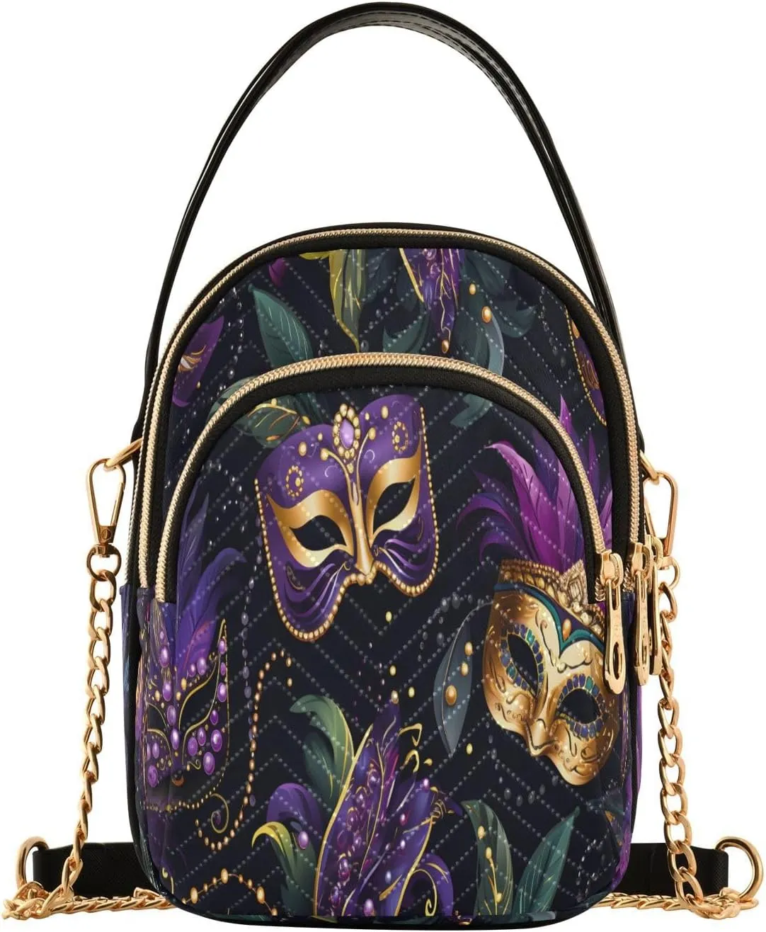 Carnival Masks and Beads Small Crossbody Bag Functional Multi Pocket Bag Shoulder Handbag