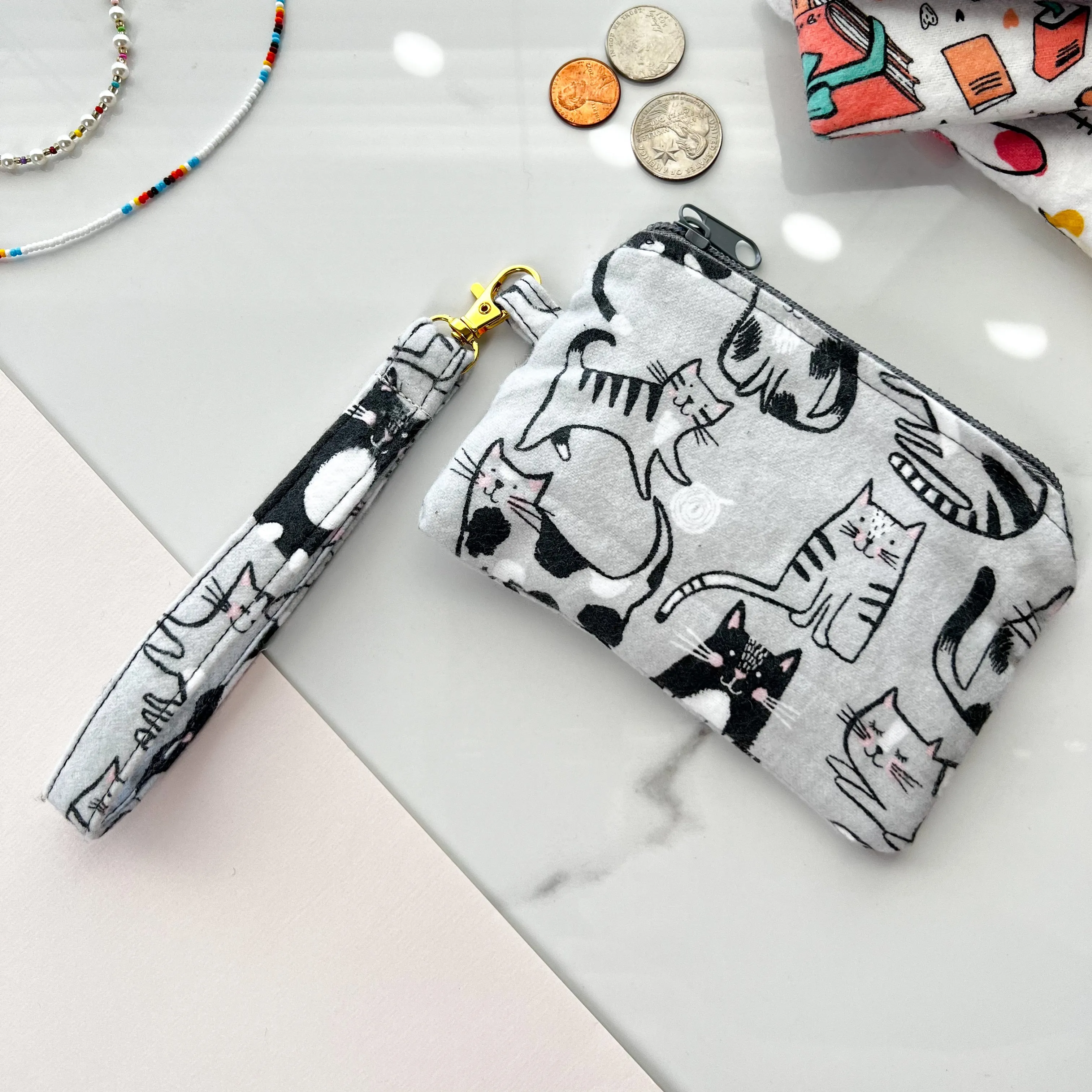 Cat Design Zipper Pouch with Wristlet, Cute Zipper Pouch