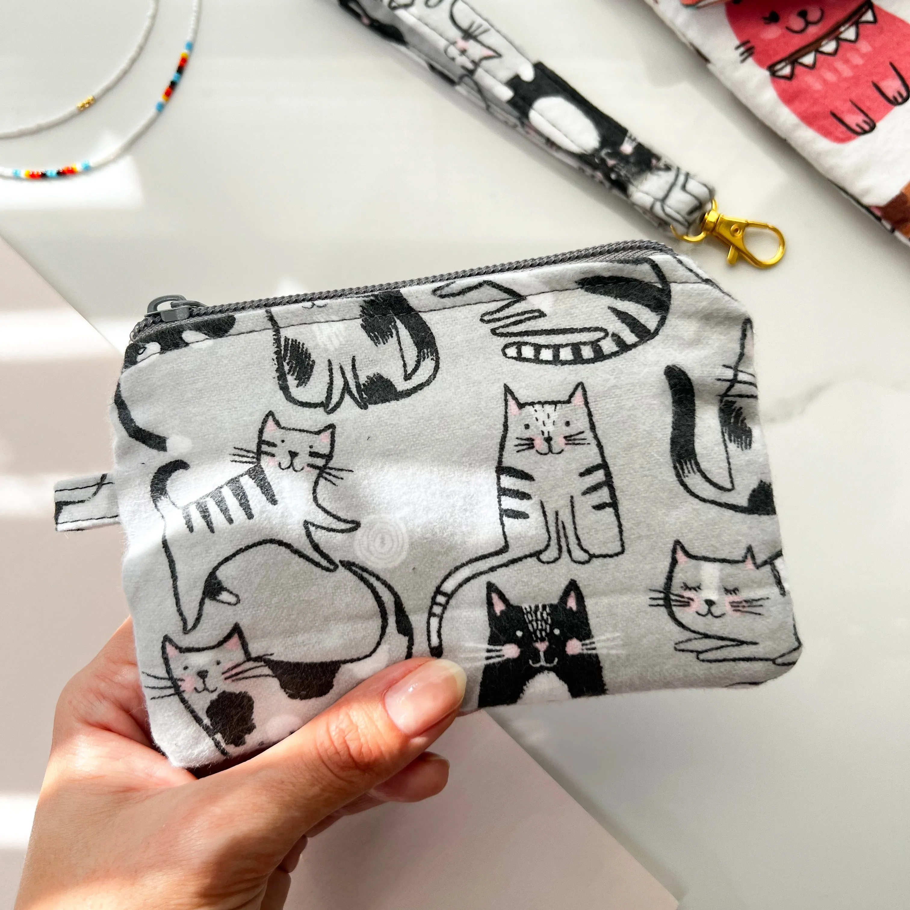 Cat Design Zipper Pouch with Wristlet, Cute Zipper Pouch