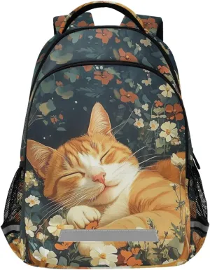 Cat Sleep Flowers Backpack for Boys Girls Elementary School Bag Kids Travel Bags Casual Rucksack Laptop Bookbag