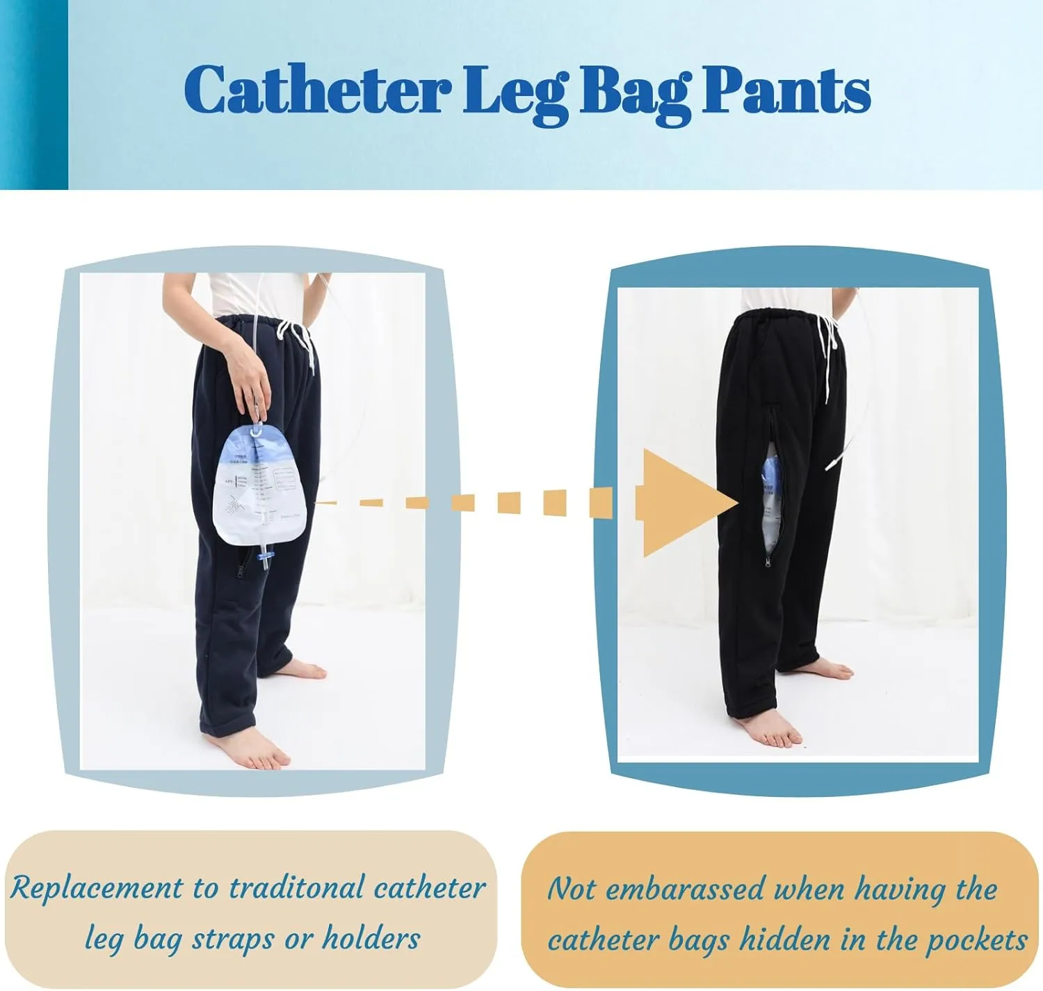 Catheter Leg Bag Pants, Urine Bag Holder Pants for Men/Women, Double Zippered Pockets Holding 2000ml Catheter Bags
