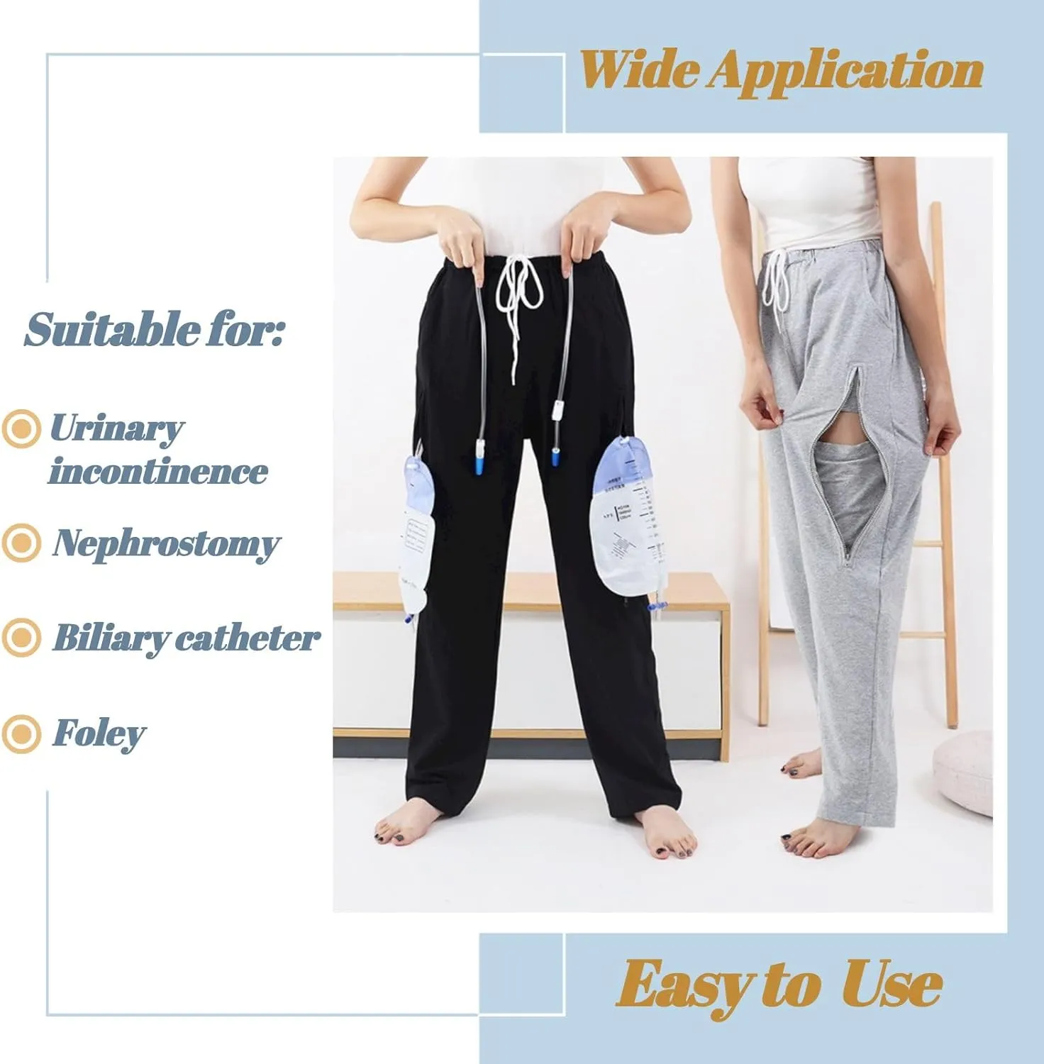 Catheter Leg Bag Pants, Urine Bag Holder Pants for Men/Women, Double Zippered Pockets Holding 2000ml Catheter Bags