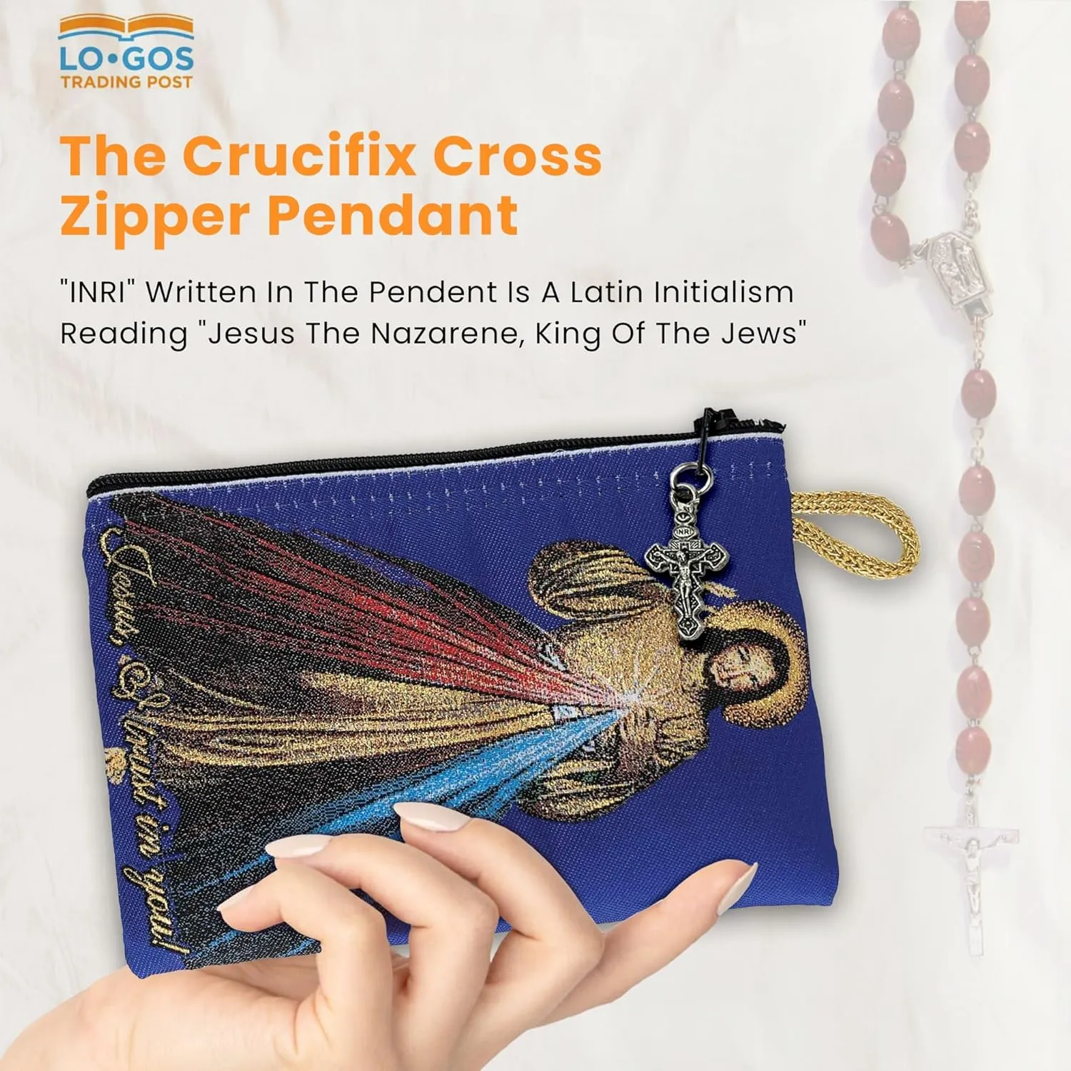 Catholic Rosary Pouch – Woven Tapestry Divine Mercy of Jesus & Jesus is God Purse From The Holy Land - Coin, Jewelry & Rosary Case w/Cross Pendant Zipper - Catholic Gifts for Women (4" x 6")