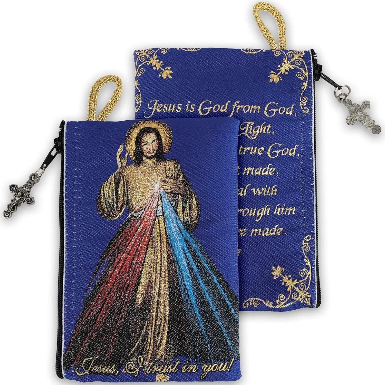 Catholic Rosary Pouch – Woven Tapestry Divine Mercy of Jesus & Jesus is God Purse From The Holy Land - Coin, Jewelry & Rosary Case w/Cross Pendant Zipper - Catholic Gifts for Women (4" x 6")