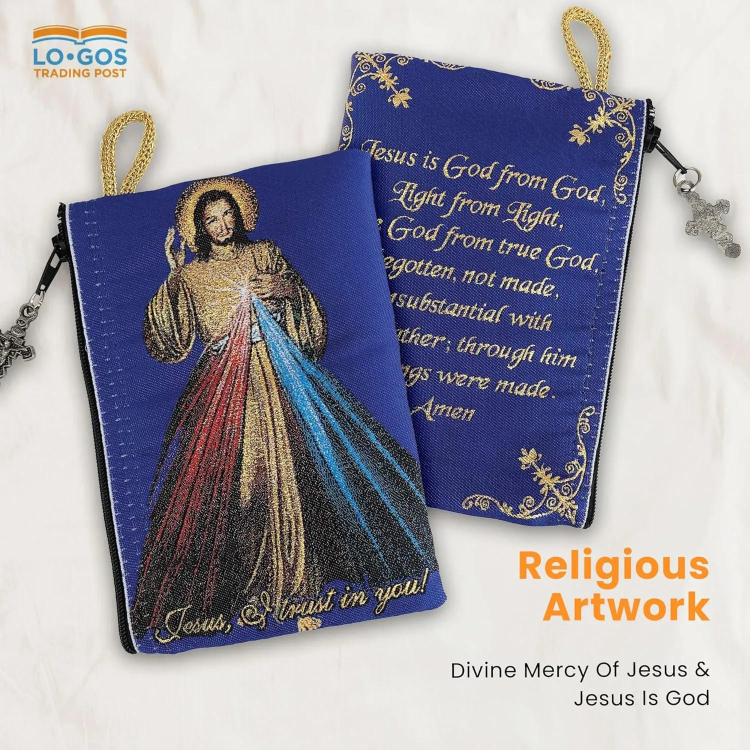 Catholic Rosary Pouch – Woven Tapestry Divine Mercy of Jesus & Jesus is God Purse From The Holy Land - Coin, Jewelry & Rosary Case w/Cross Pendant Zipper - Catholic Gifts for Women (4" x 6")