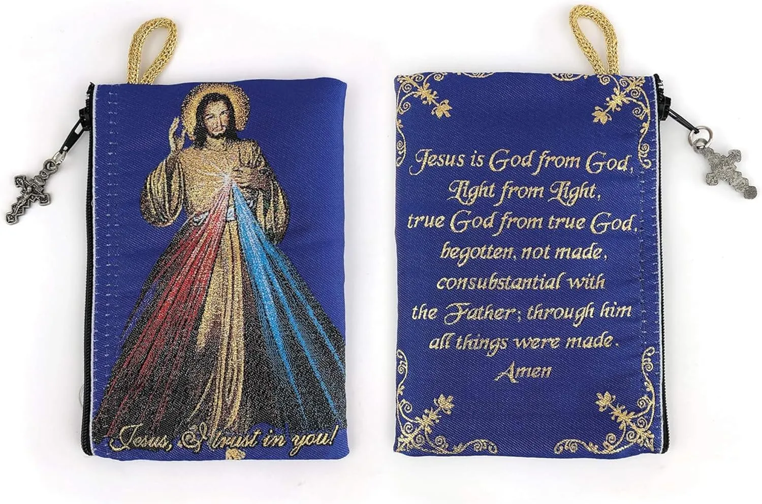 Catholic Rosary Pouch – Woven Tapestry Divine Mercy of Jesus & Jesus is God Purse From The Holy Land - Coin, Jewelry & Rosary Case w/Cross Pendant Zipper - Catholic Gifts for Women (4" x 6")