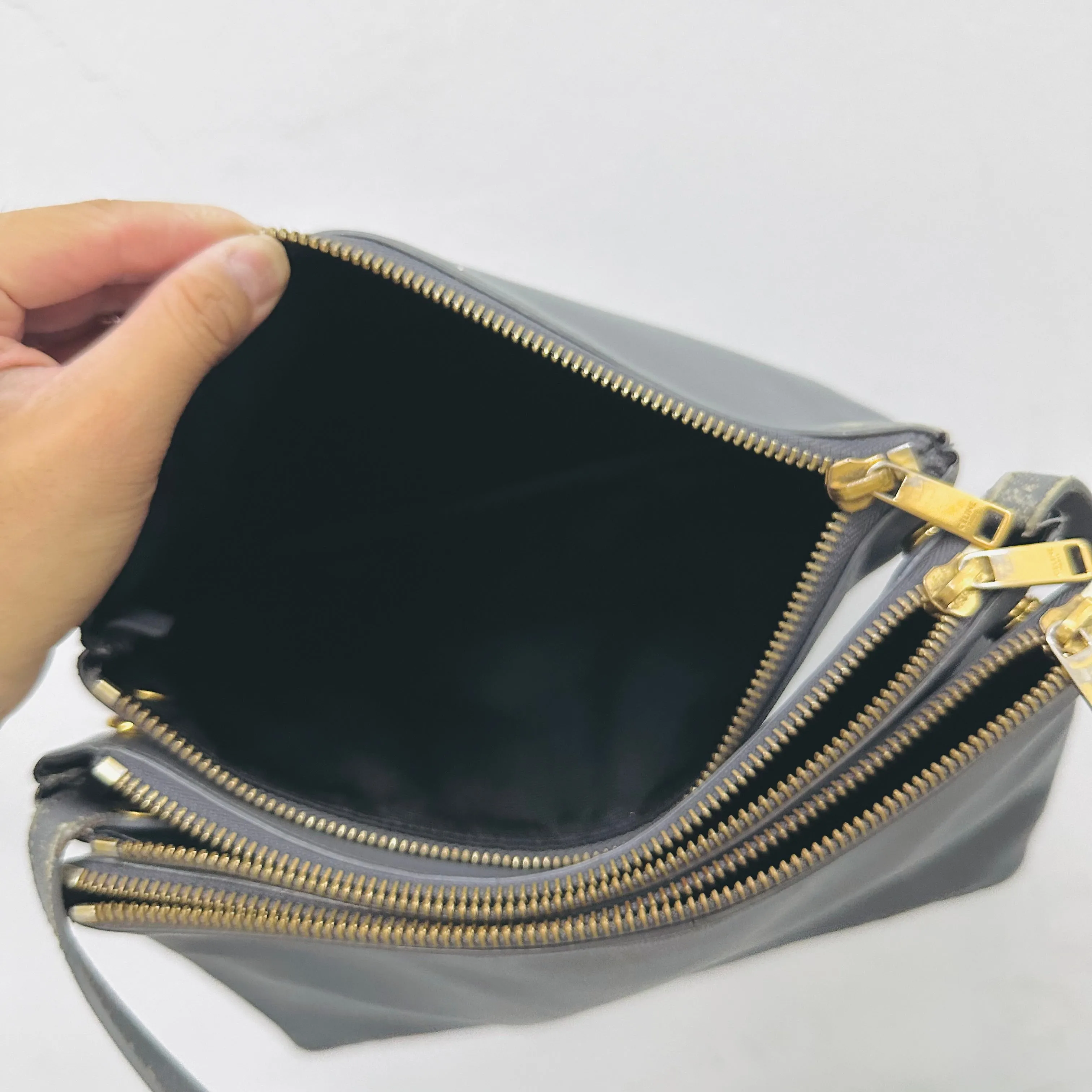 Celine Grey GHW Large Trio Lambskin Monogram Logo Shoulder Sling Bag / Pouch Clutch Case