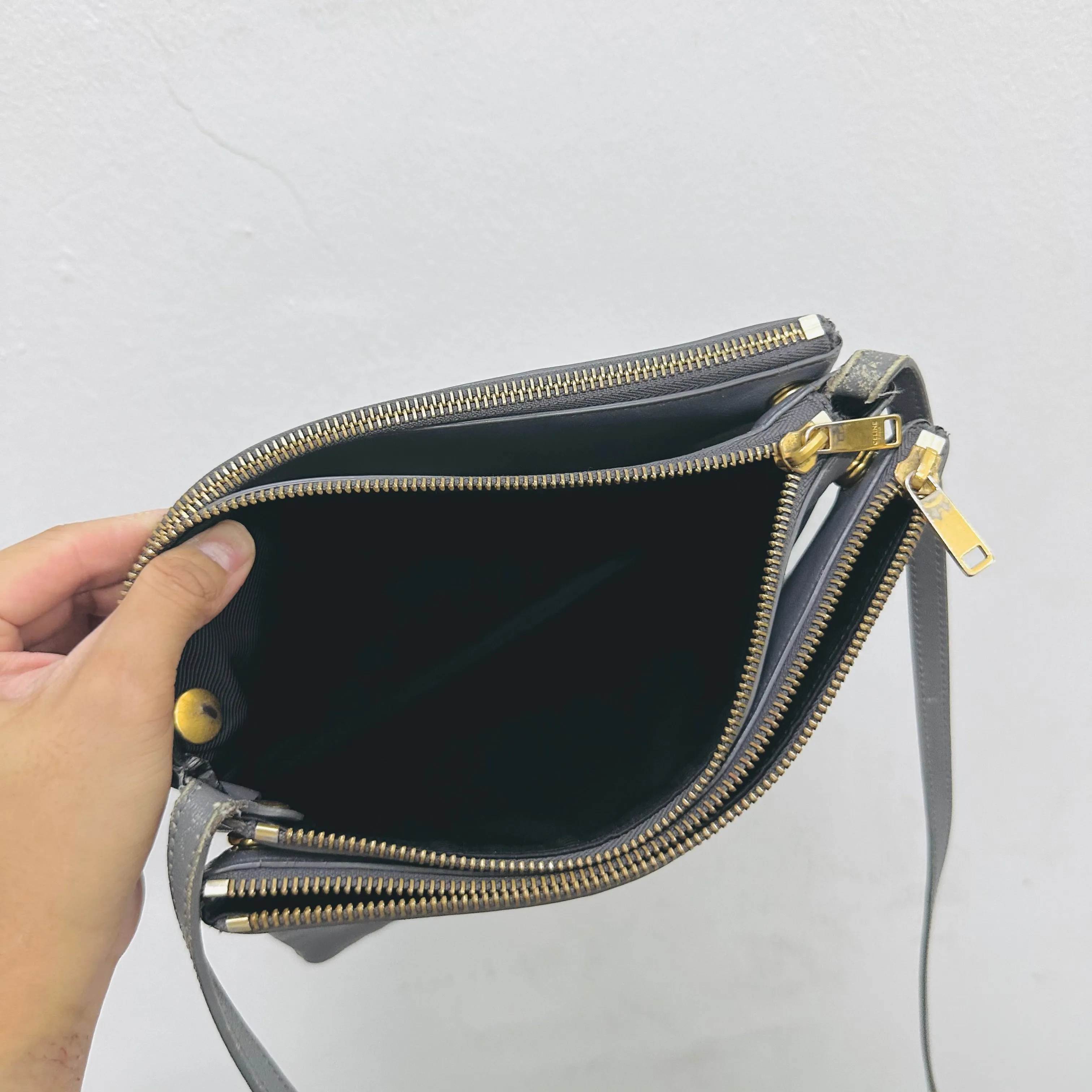 Celine Grey GHW Large Trio Lambskin Monogram Logo Shoulder Sling Bag / Pouch Clutch Case