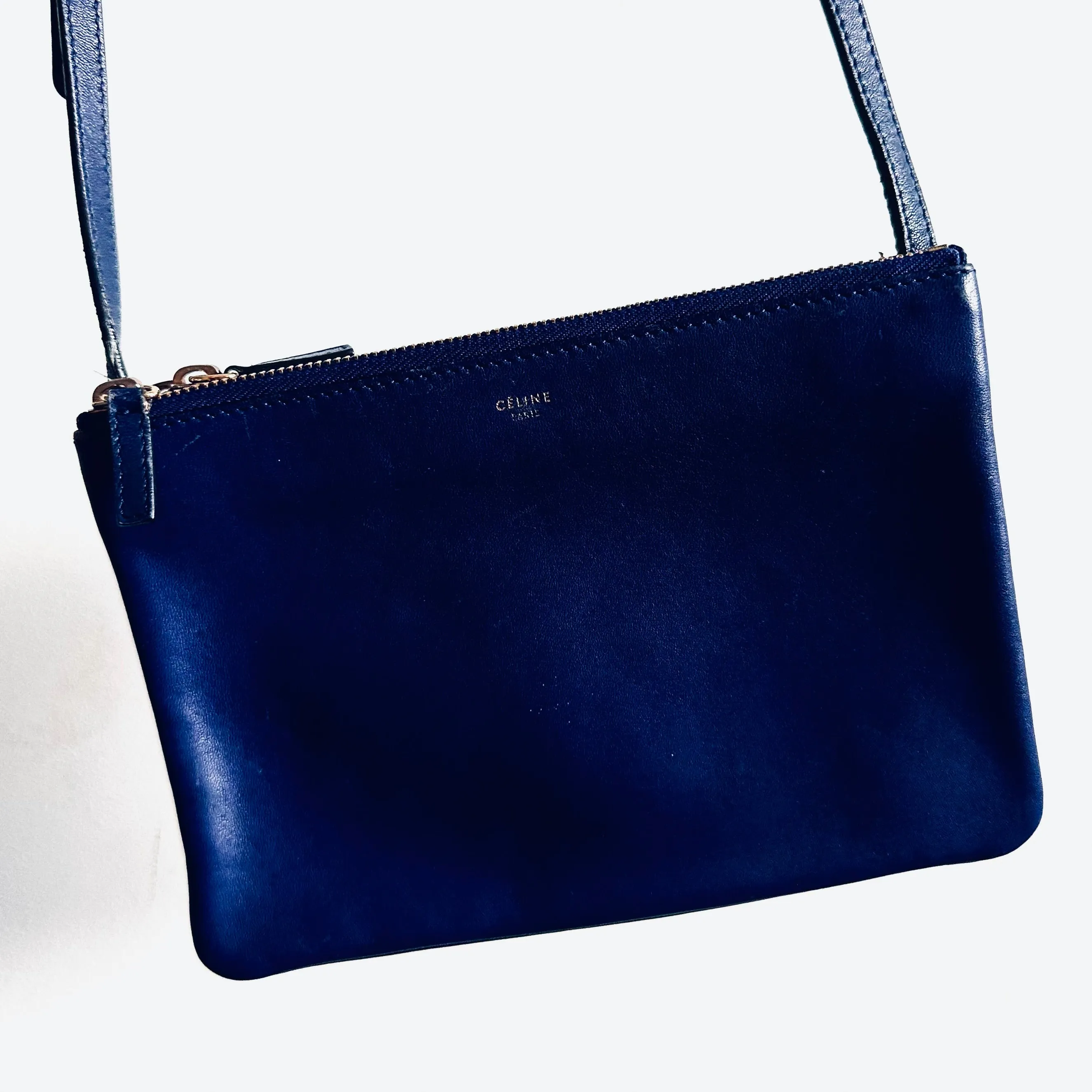 Celine Royal Blue GHW Small Trio Monogram Logo Shoulder Sling Bag Pouch Clutch