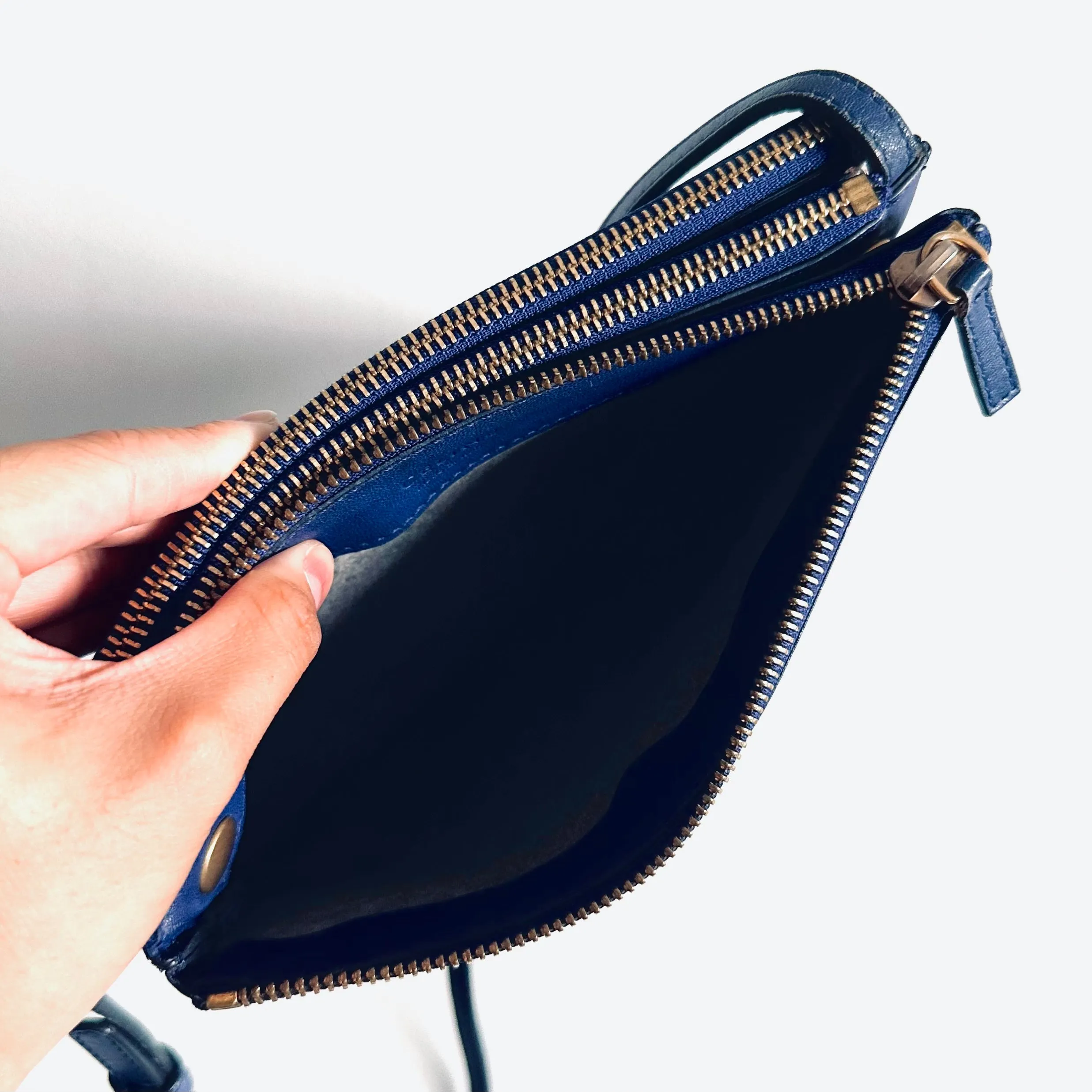 Celine Royal Blue GHW Small Trio Monogram Logo Shoulder Sling Bag Pouch Clutch