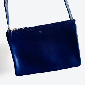 Celine Royal Blue GHW Small Trio Monogram Logo Shoulder Sling Bag Pouch Clutch