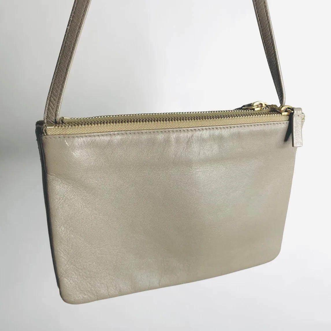 Celine Taupe Grey GHW Large Trio Monogram Logo Shoulder Sling Bag / Pouch Clutch Case