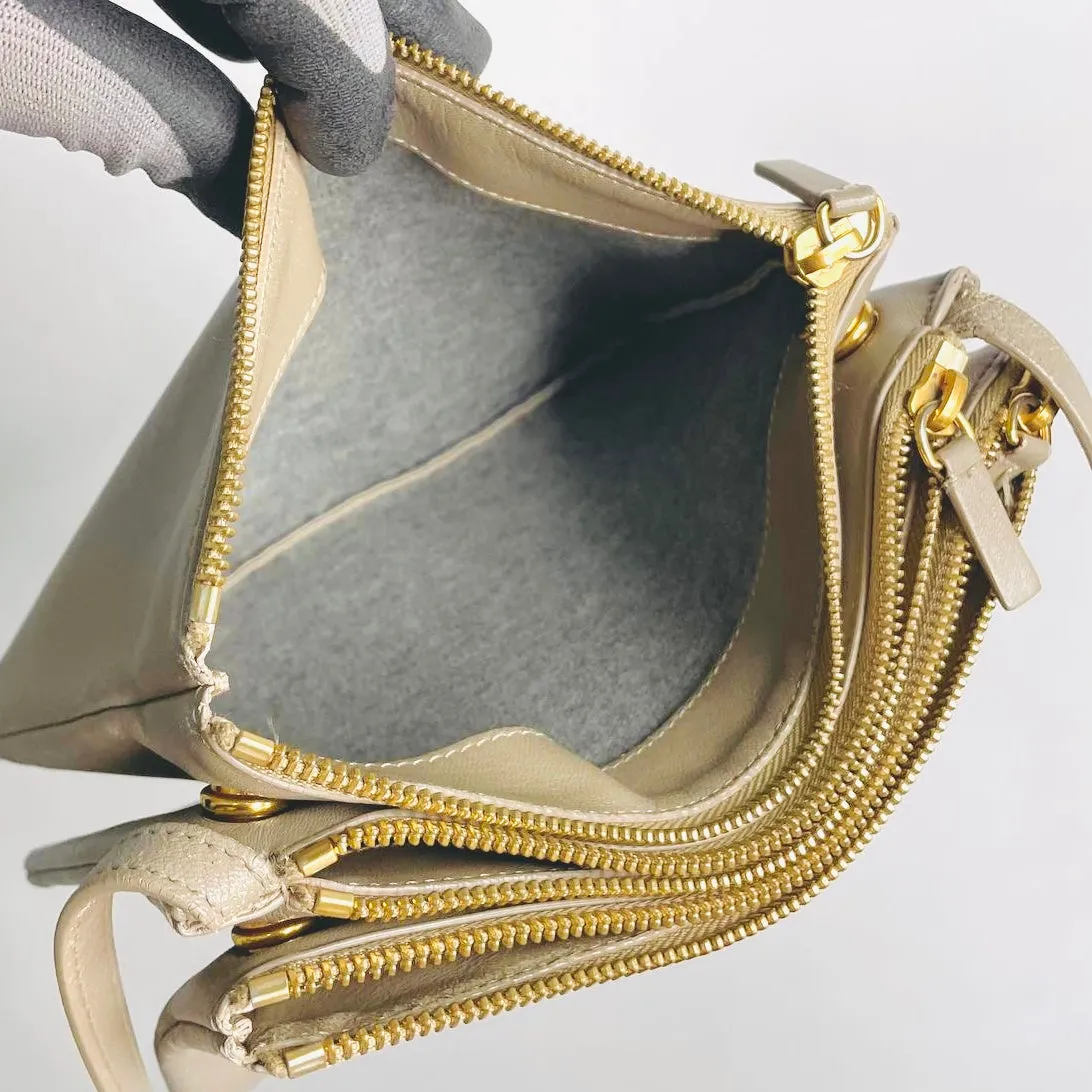 Celine Taupe Grey GHW Large Trio Monogram Logo Shoulder Sling Bag / Pouch Clutch Case