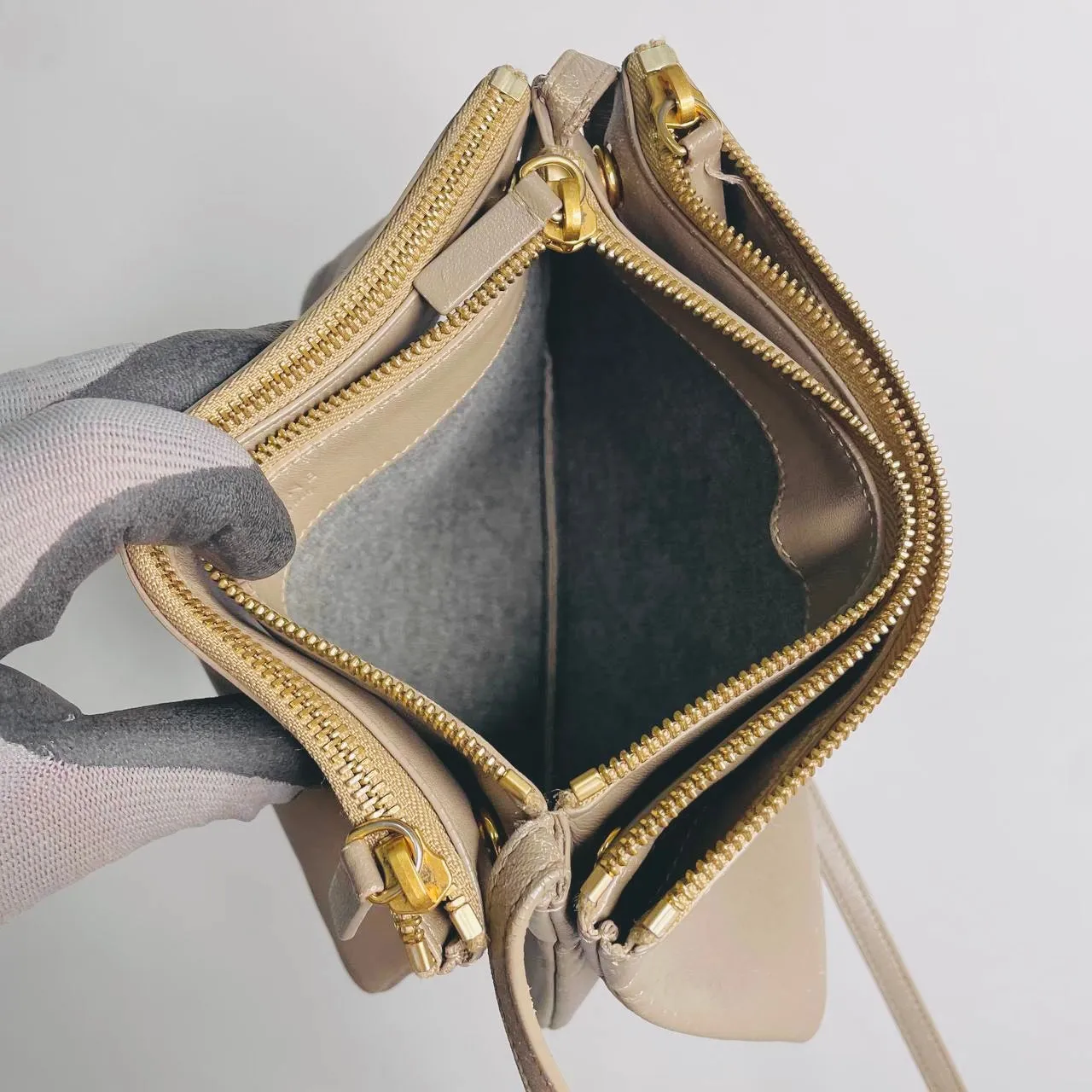 Celine Taupe Grey GHW Large Trio Monogram Logo Shoulder Sling Bag / Pouch Clutch Case