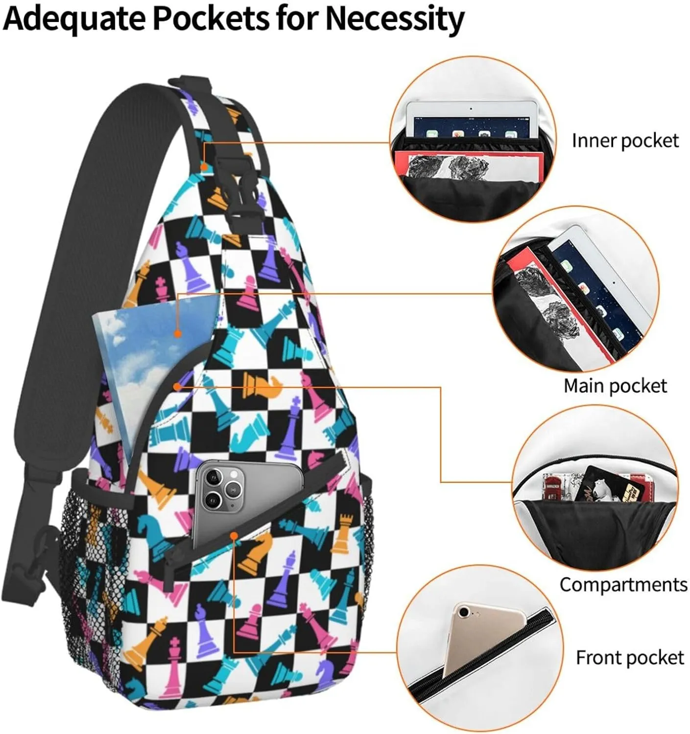 Chess Sling Backpack Chest Bag Crossbody Shoulder Bag Gym Cycling Travel Hiking Daypack For Men Women