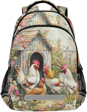 Chicken Flowers Rooster Garden Backpack for Boys Girls Elementary School Bag Kids Travel Bags Casual Rucksack Laptop Bookbag